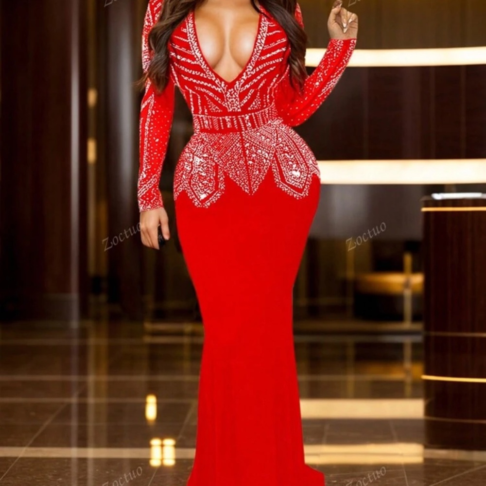 Stunning Red Beaded Long Sleeve Gown